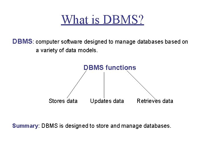 What is DBMS? DBMS: computer software designed to manage databases based on a variety What is DBMS? DBMS: computer software designed to manage databases based on a variety