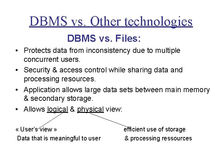 DBMS vs. Other technologies DBMS vs. Files: • Protects data from inconsistency due to