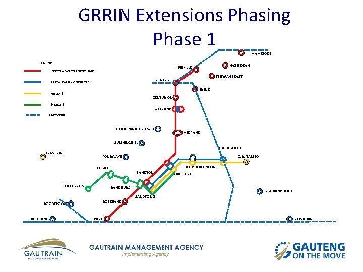GRRIN Extensions Phasing Phase 1 MAMELODI LEGEND HAZELDEAN HATFIELD North – South Commuter TSHWANE