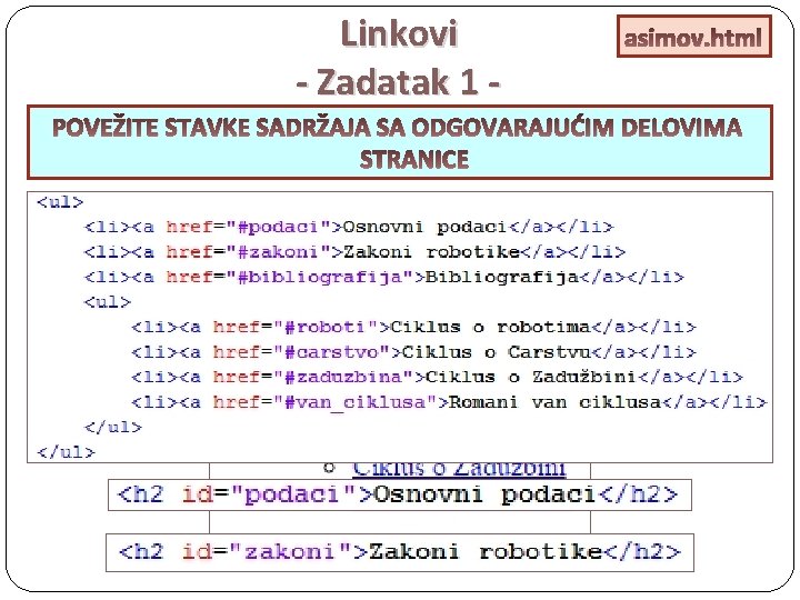 Linkovi - Zadatak 1 - asimov. html POVEŽITE STAVKE SADRŽAJA SA ODGOVARAJUĆIM DELOVIMA STRANICE
