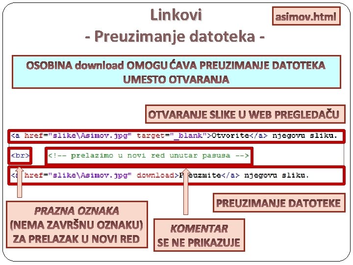 Linkovi - Preuzimanje datoteka - asimov. html OSOBINA download OMOGU ĆAVA PREUZIMANJE DATOTEKA UMESTO