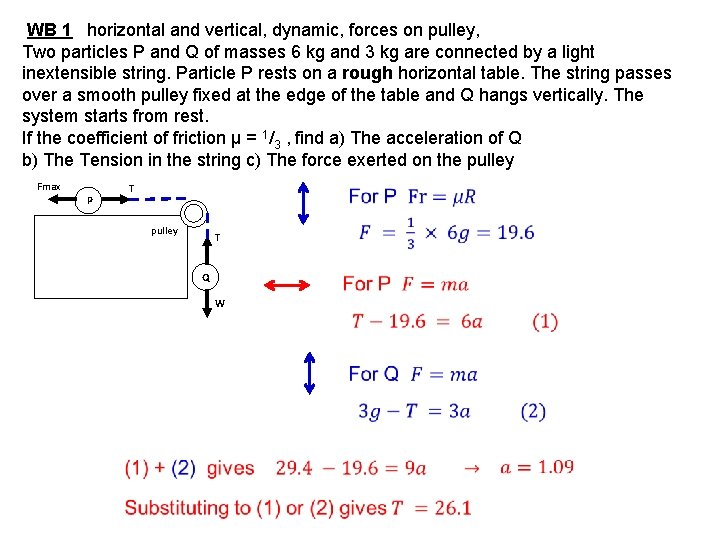  WB 1 horizontal and vertical, dynamic, forces on pulley, Two particles P and