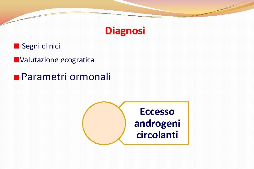 Diagnosi Segni clinici Valutazione ecografica Parametri ormonali Eccesso androgeni circolanti 
