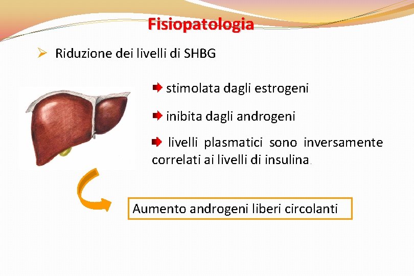 Fisiopatologia Ø Riduzione dei livelli di SHBG stimolata dagli estrogeni inibita dagli androgeni livelli