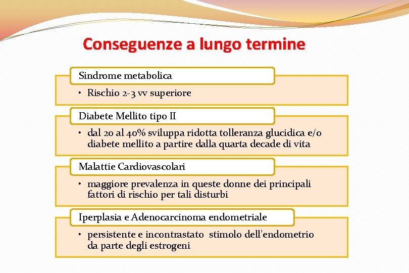 Conseguenze a lungo termine Sindrome metabolica • Rischio 2 -3 vv superiore Diabete Mellito