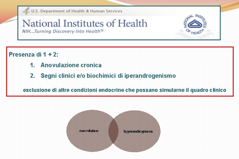 Presenza di 1 + 2: 1. Anovulazione cronica 2. Segni clinici e/o biochimici di