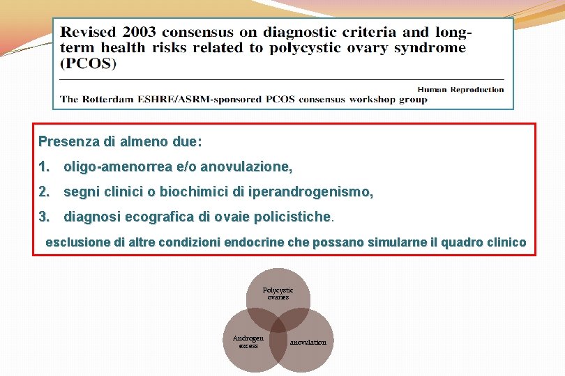 Presenza di almeno due: 1. oligo-amenorrea e/o anovulazione, 2. segni clinici o biochimici di