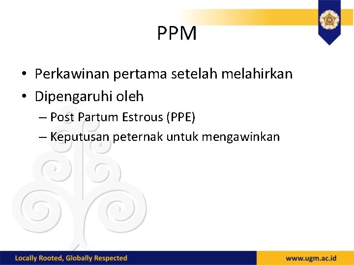 PPM • Perkawinan pertama setelah melahirkan • Dipengaruhi oleh – Post Partum Estrous (PPE)