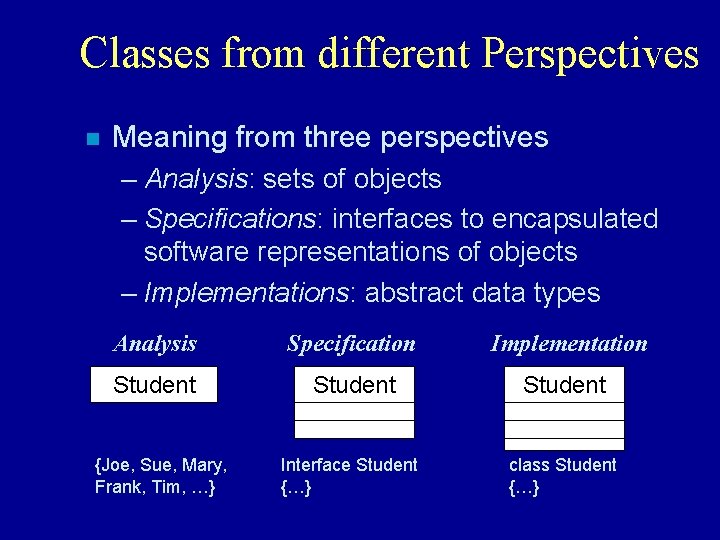 Classes from different Perspectives n Meaning from three perspectives – Analysis: sets of objects
