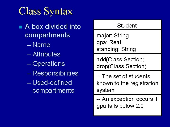 Class Syntax n A box divided into compartments – Name – Attributes – Operations