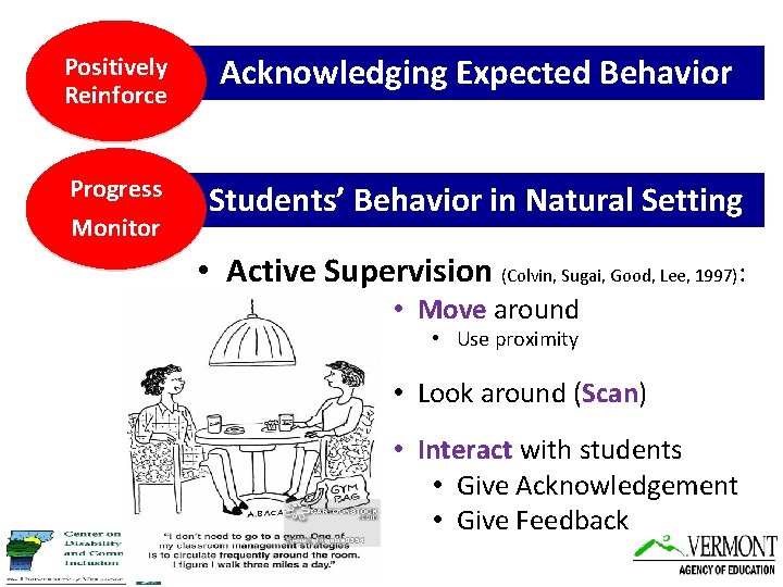 Positively Reinforce Acknowledging Expected Behavior Progress Monitor Students’ Behavior in Natural Setting • Active