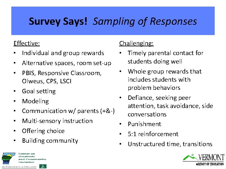 Survey Says! Sampling of Responses Effective: • Individual and group rewards • Alternative spaces,