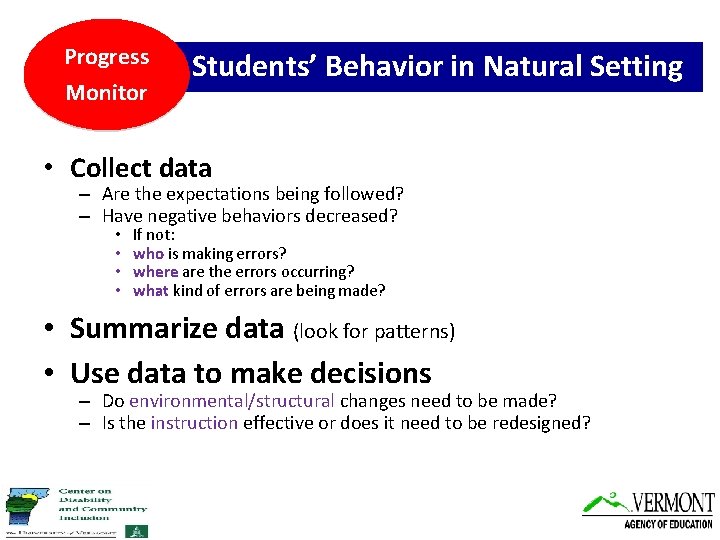 Progress Monitor Students’ Behavior in Natural Setting • Collect data – Are the expectations