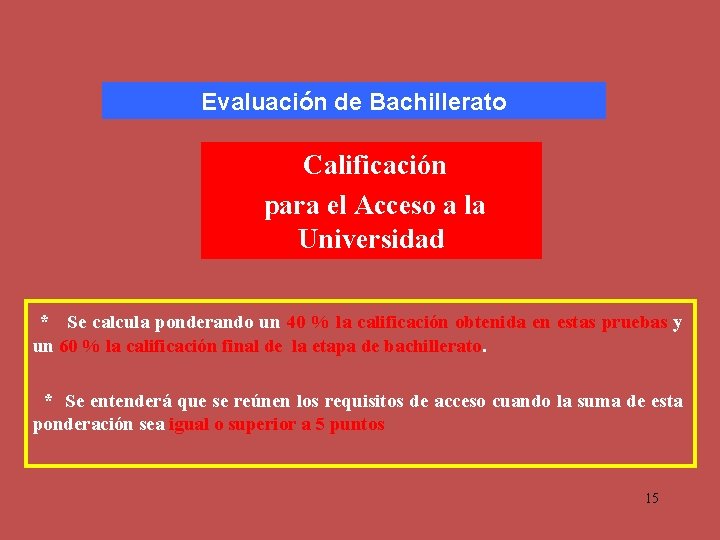 Evaluación de Bachillerato Calificación para el Acceso a la Universidad * Se calcula ponderando