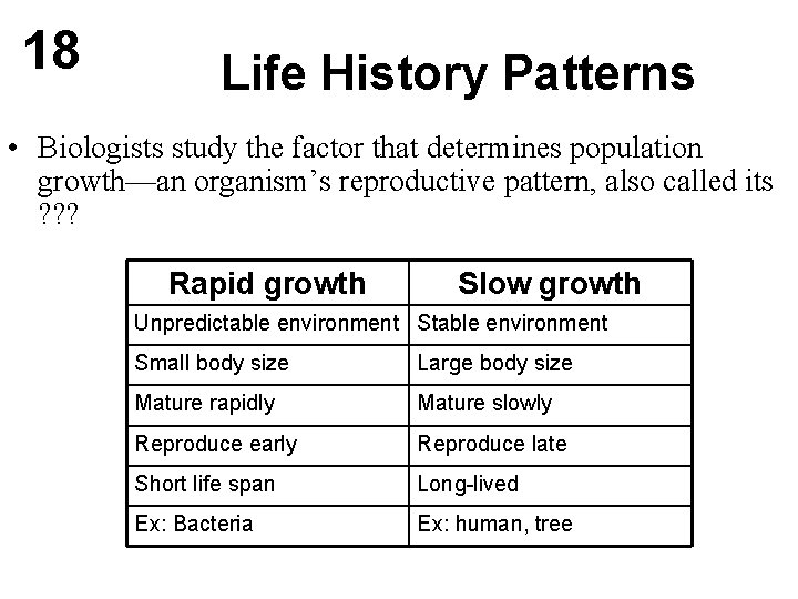 18 Life History Patterns • Biologists study the factor that determines population growth—an organism’s
