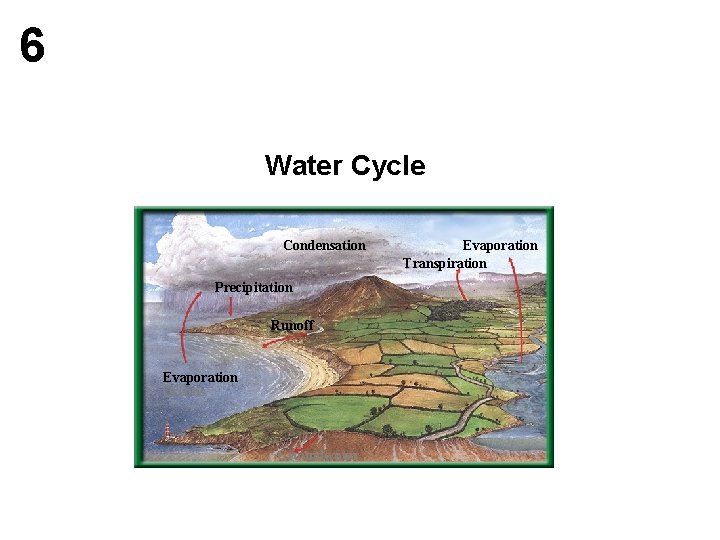 6 Water Cycle Condensation Precipitation Runoff Evaporation Oceans Groundwater Evaporation Transpiration 