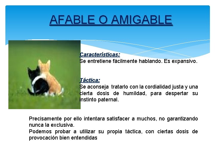 AFABLE O AMIGABLE Características: Se entretiene fácilmente hablando. Es expansivo. Táctica: Se aconseja tratarlo