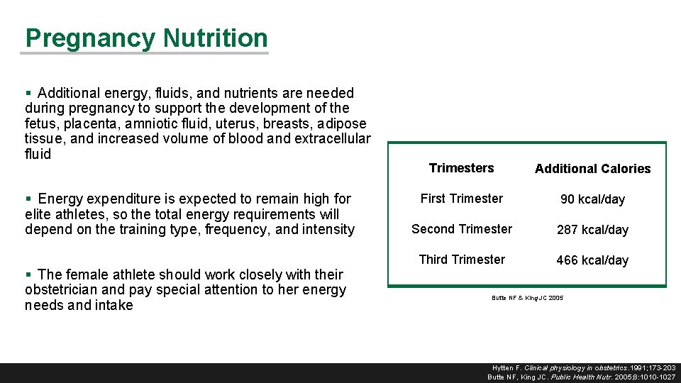 Pregnancy Nutrition § Additional energy, fluids, and nutrients are needed during pregnancy to support
