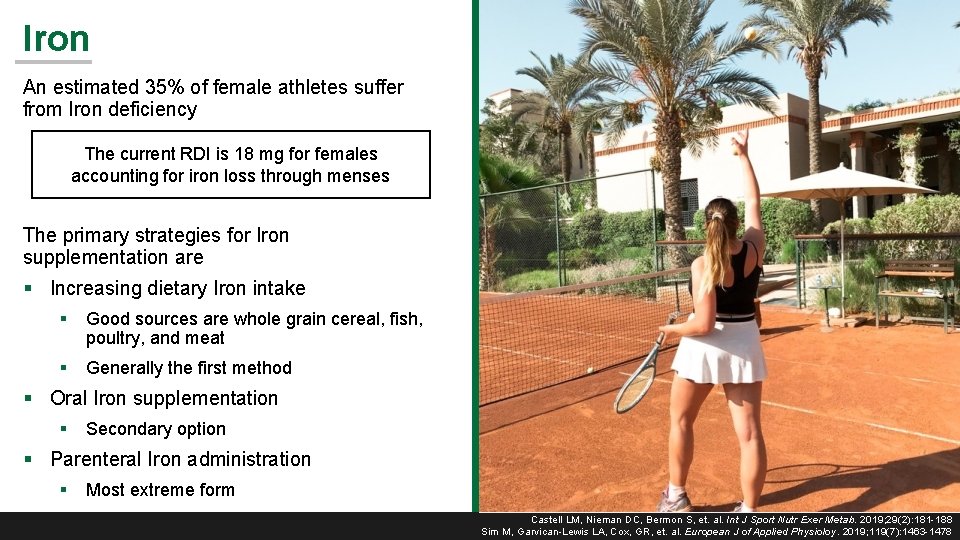 Iron An estimated 35% of female athletes suffer from Iron deficiency The current RDI