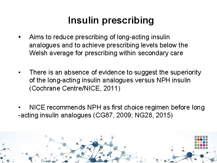 Insulin prescribing • Aims to reduce prescribing of long-acting insulin analogues and to achieve