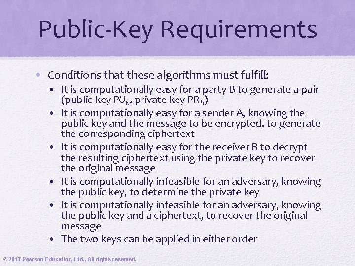 Public-Key Requirements • Conditions that these algorithms must fulfill: • It is computationally easy