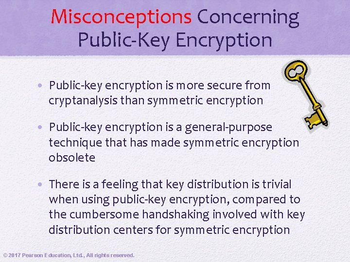Misconceptions Concerning Public-Key Encryption • Public-key encryption is more secure from cryptanalysis than symmetric