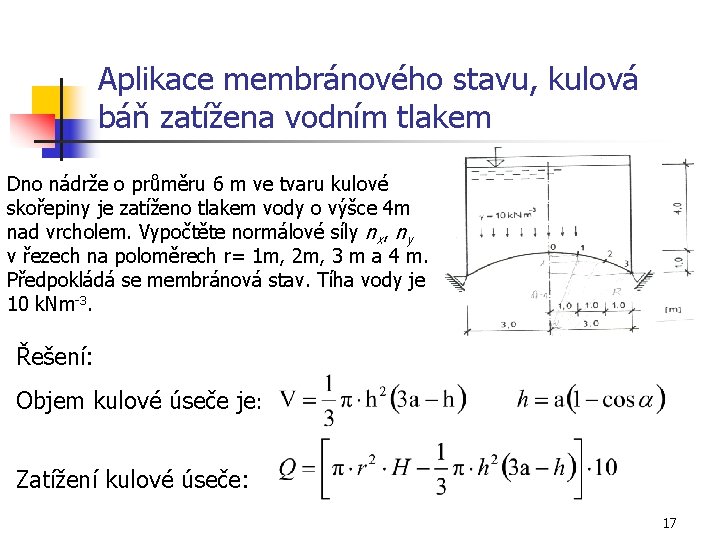 Aplikace membránového stavu, kulová báň zatížena vodním tlakem Dno nádrže o průměru 6 m