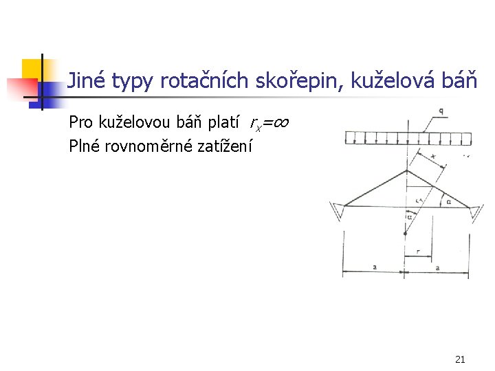 Jiné typy rotačních skořepin, kuželová báň Pro kuželovou báň platí rx=∞ Plné rovnoměrné zatížení