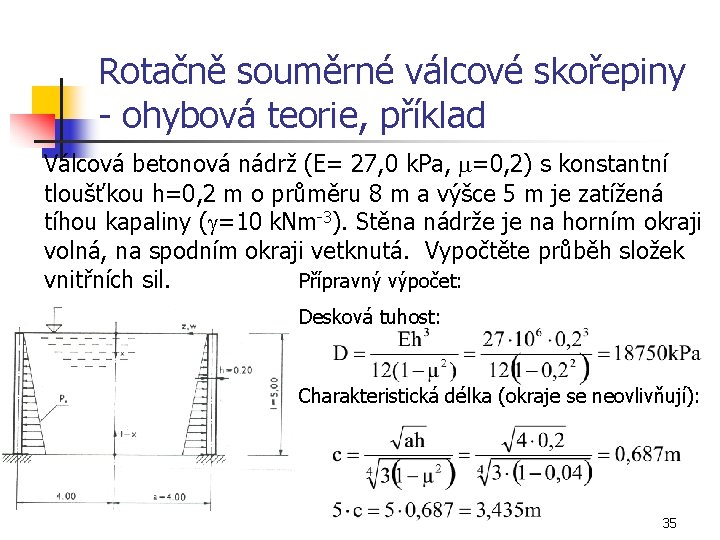 Rotačně souměrné válcové skořepiny - ohybová teorie, příklad Válcová betonová nádrž (E= 27, 0