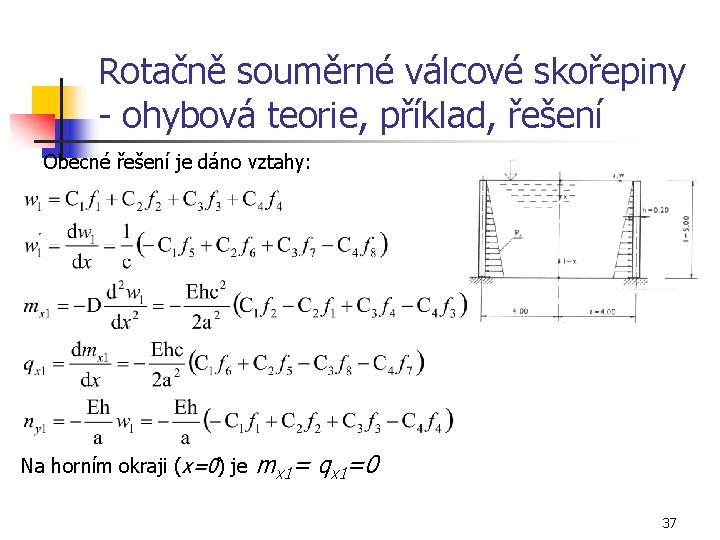 Rotačně souměrné válcové skořepiny - ohybová teorie, příklad, řešení Obecné řešení je dáno vztahy: