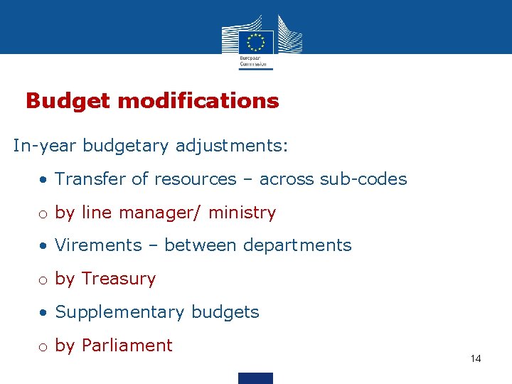 Budget modifications In-year budgetary adjustments: • Transfer of resources – across sub-codes o by