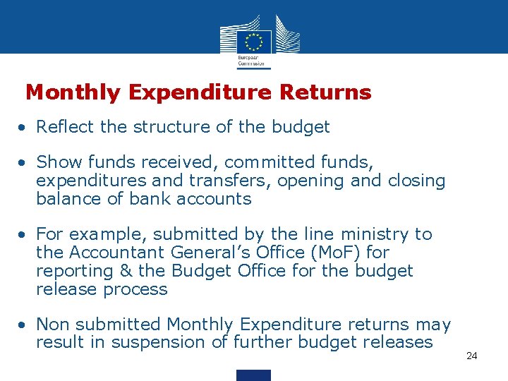 Monthly Expenditure Returns • Reflect the structure of the budget • Show funds received,