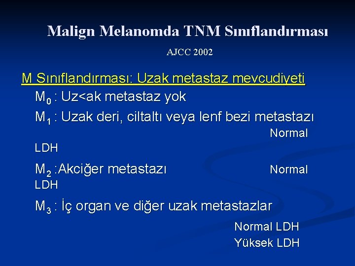 Malign Melanomda TNM Sınıflandırması AJCC 2002 M Sınıflandırması: Uzak metastaz mevcudiyeti M 0 :