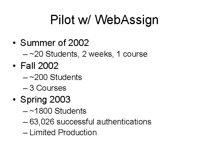 Pilot w/ Web. Assign • Summer of 2002 – ~20 Students, 2 weeks, 1