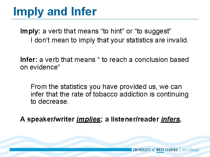 Imply and Infer Imply: a verb that means “to hint” or “to suggest” I