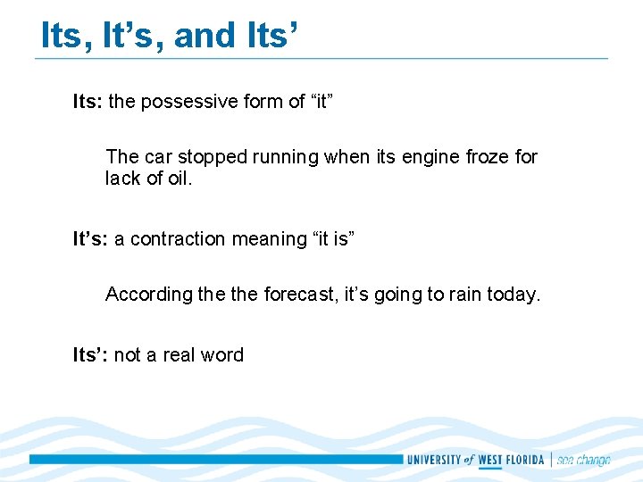 Its, It’s, and Its’ Its: the possessive form of “it” The car stopped running