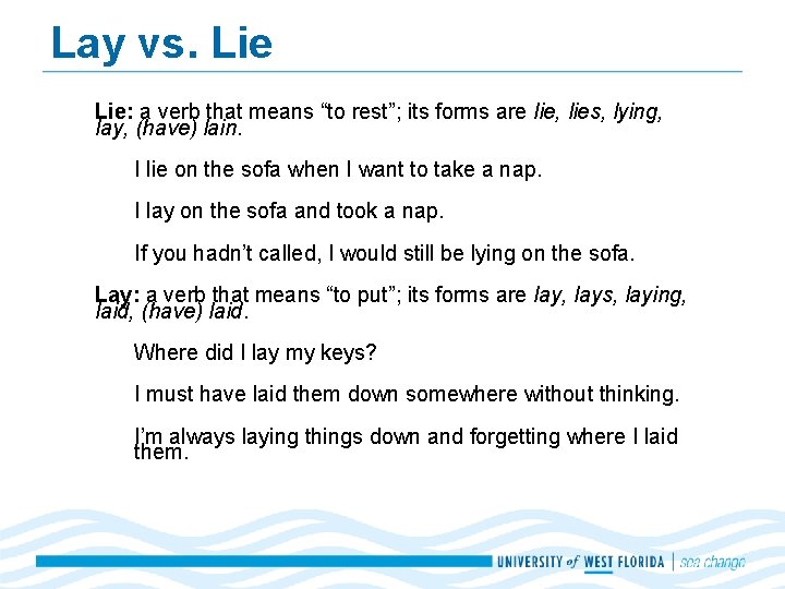 Lay vs. Lie: a verb that means “to rest”; its forms are lie, lies,
