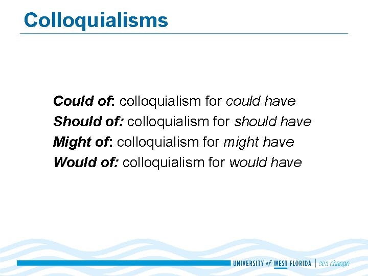 Colloquialisms Could of: colloquialism for could have Should of: colloquialism for should have Might