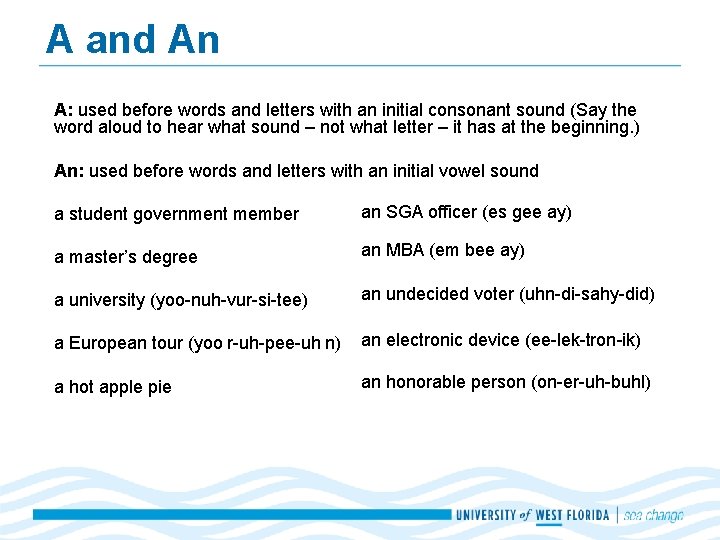 A and An A: used before words and letters with an initial consonant sound