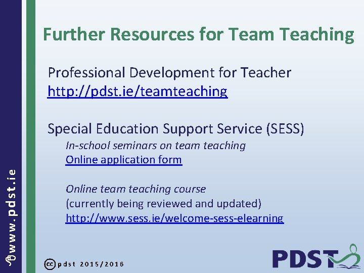 Further Resources for Team Teaching Professional Development for Teacher http: //pdst. ie/teamteaching Special Education