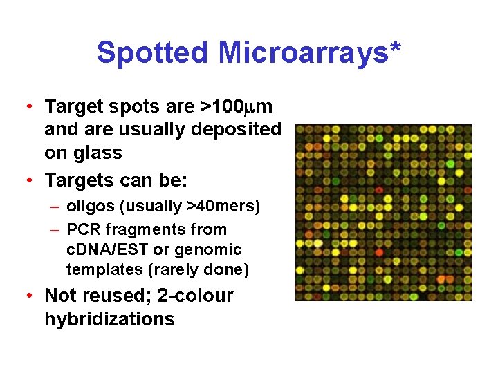 Spotted Microarrays* • Target spots are >100 m and are usually deposited on glass