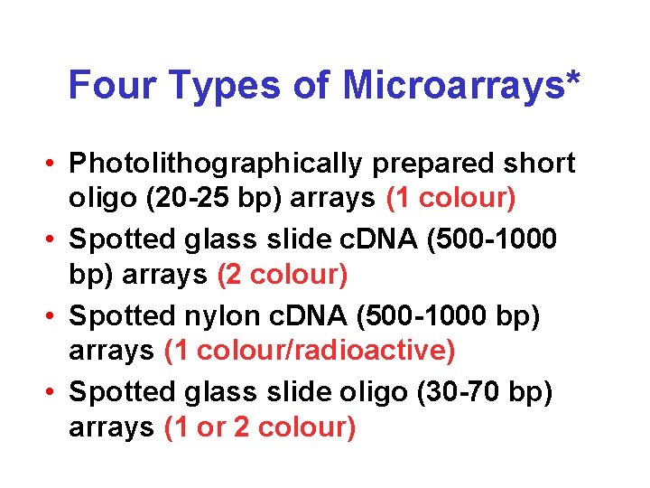 Four Types of Microarrays* • Photolithographically prepared short oligo (20 -25 bp) arrays (1