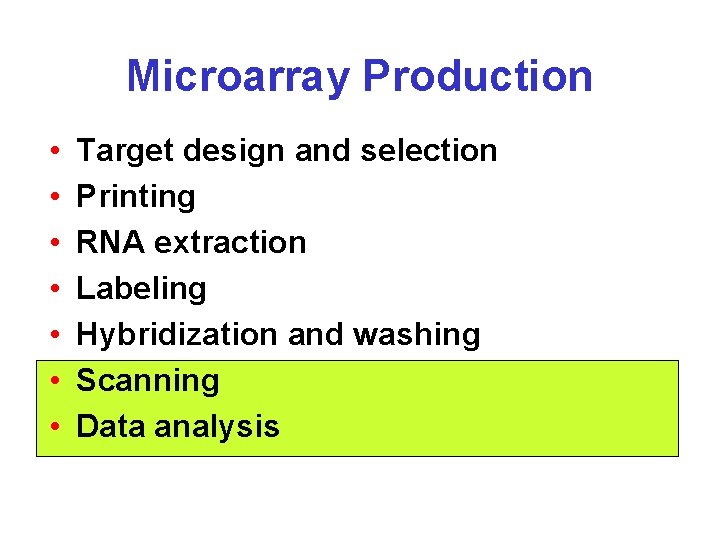Microarray Production • • Target design and selection Printing RNA extraction Labeling Hybridization and
