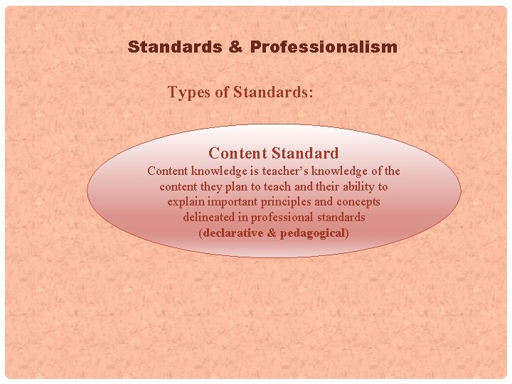 Standards & Professionalism Types of Standards: Content Standard Content knowledge is teacher’s knowledge of
