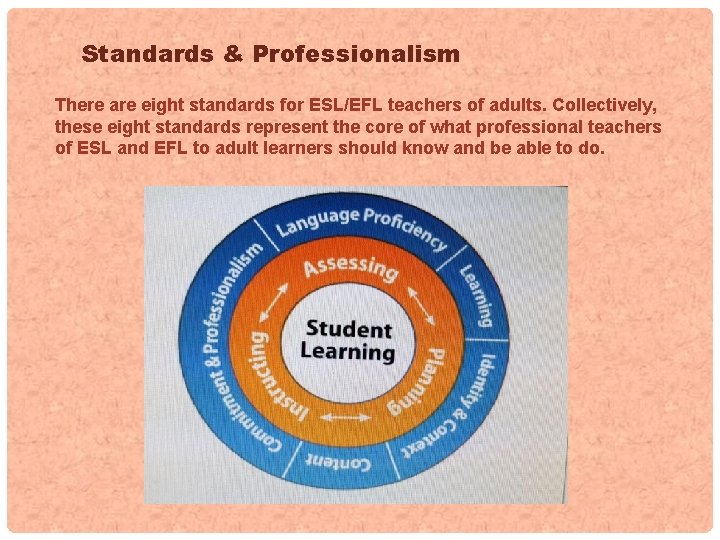 Standards & Professionalism There are eight standards for ESL/EFL teachers of adults. Collectively, these