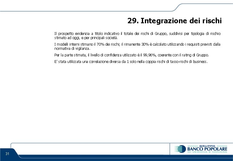 29. Integrazione dei rischi Il prospetto evidenzia a titolo indicativo il totale dei rischi