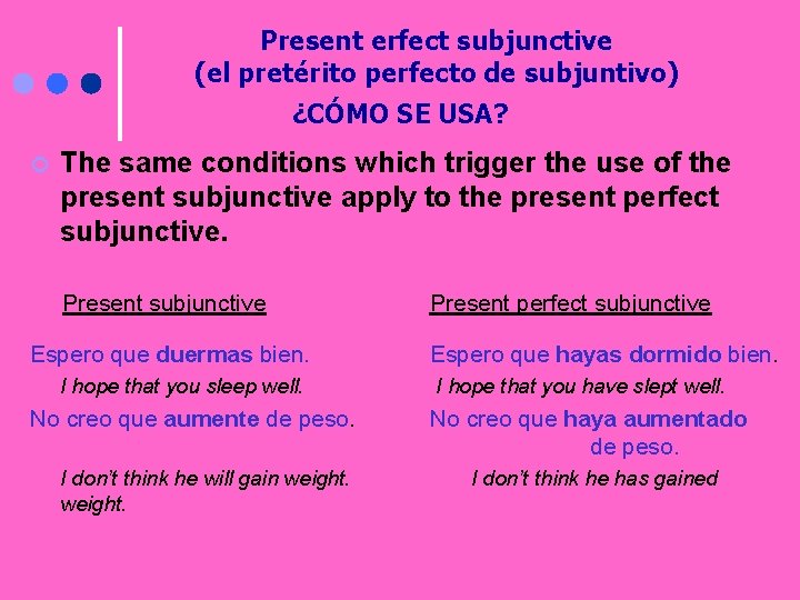 Present erfect subjunctive (el pretérito perfecto de subjuntivo) ¿CÓMO SE USA? ¢ The same