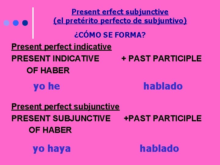 Present erfect subjunctive (el pretérito perfecto de subjuntivo) ¿CÓMO SE FORMA? Present perfect indicative