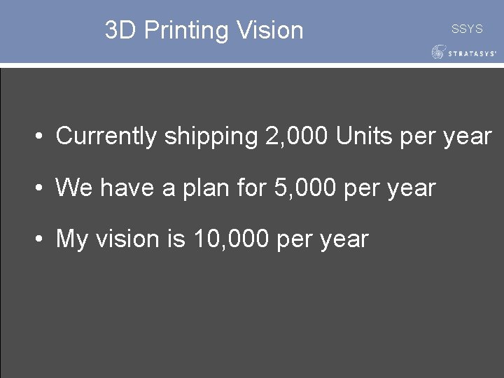 3 D Printing Vision SSYS • Currently shipping 2, 000 Units per year •