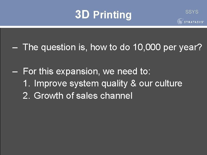 3 D Printing SSYS – The question is, how to do 10, 000 per